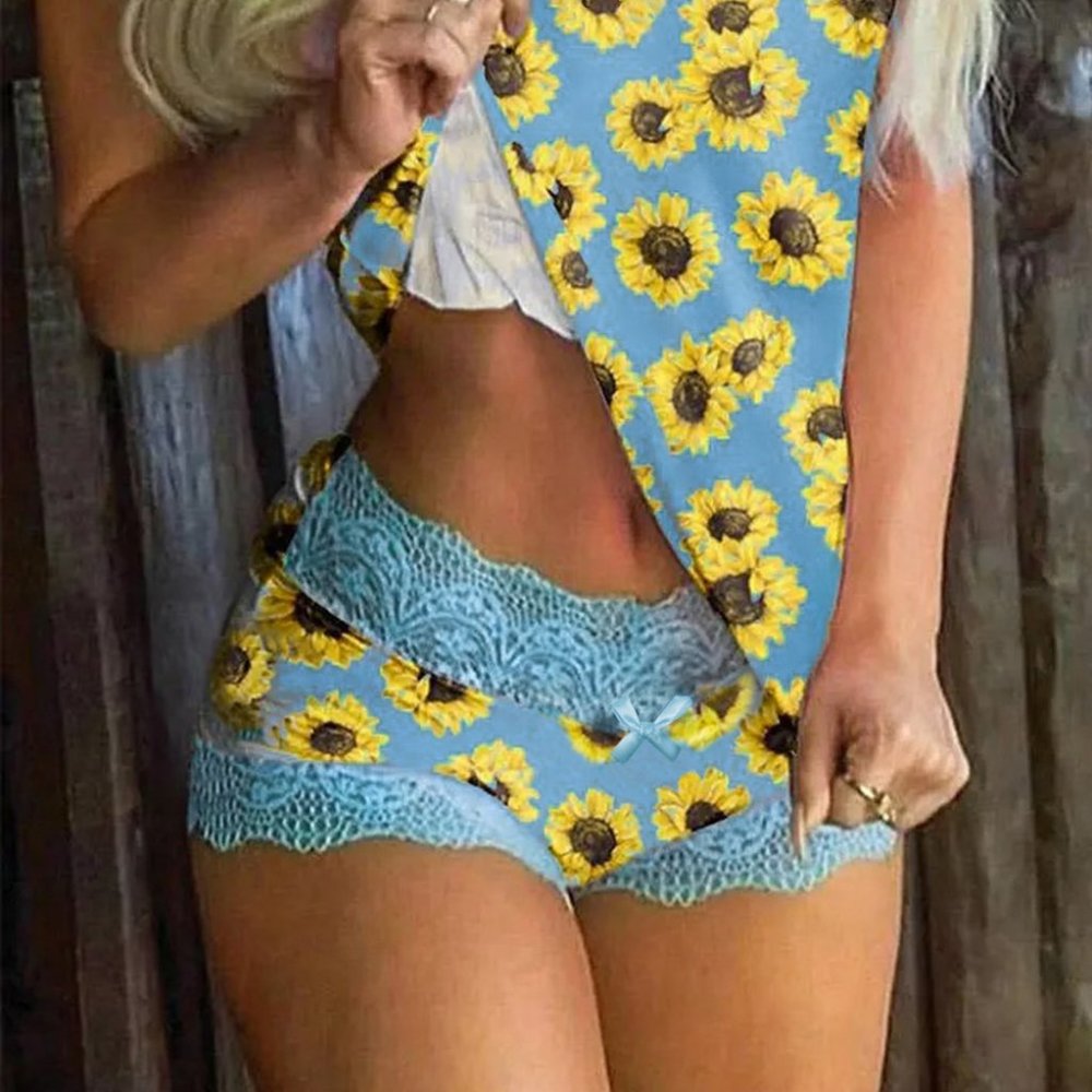 Blue Lace Trim Sunflower Tank & Shorts Pajamas set - Picture 4 of 5